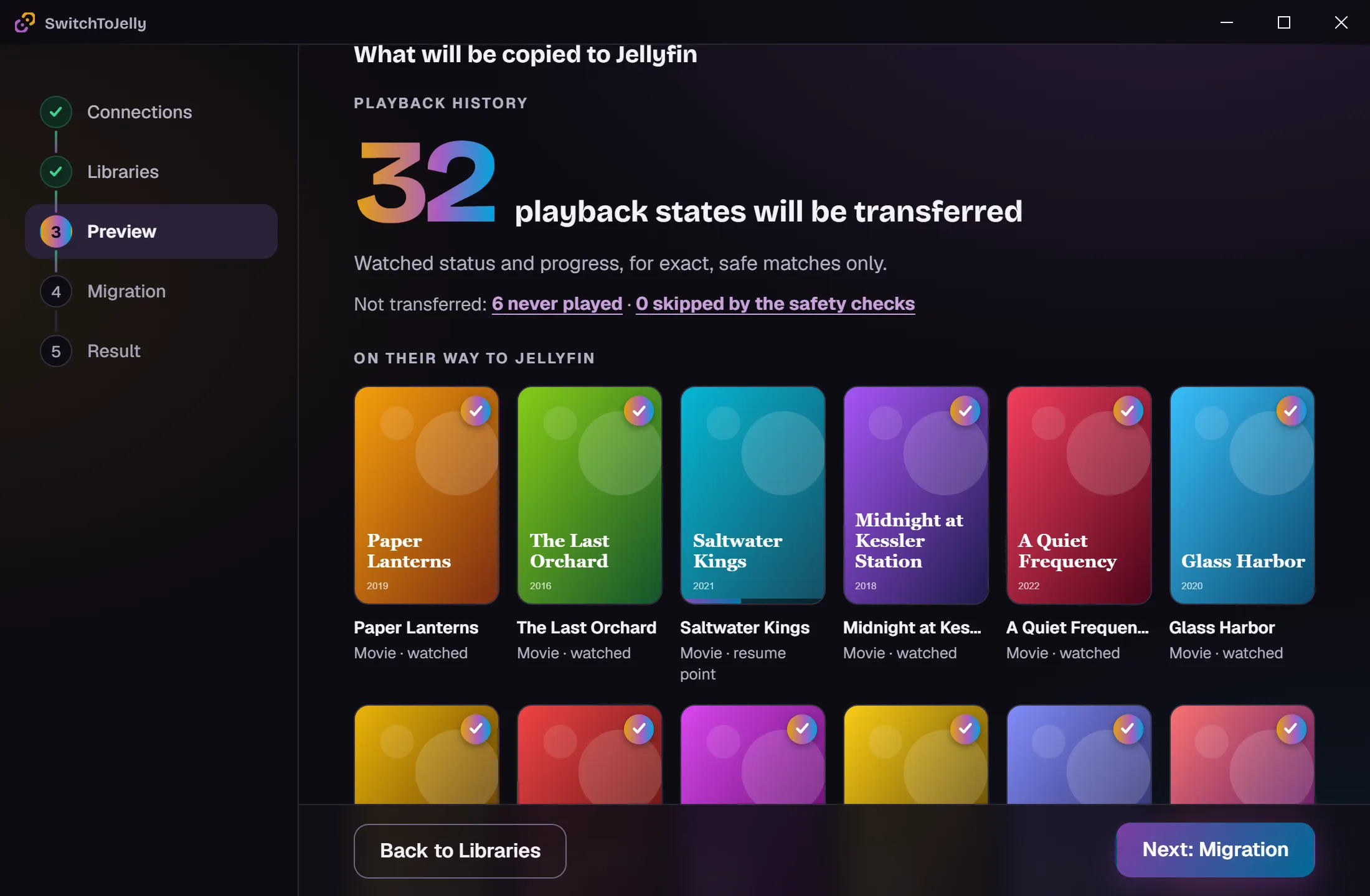 SwitchToJelly preview step: 32 playback states will be transferred, with the posters of the movies on their way to Jellyfin